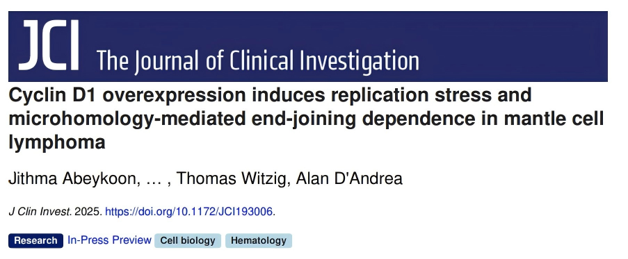Cyclin D1 overexpression induces replication stress and microhomology-mediated end-joining dependence in mantle cell lymphoma