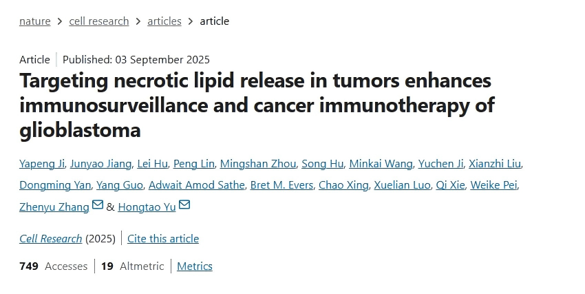 Targeting necrotic lipid release in tumors enhances immunosurveillance and cancer immunotherapy of Glioblastom